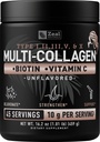 Péptidos Multi Collagen Premium Pólvora Proteína (1, 2, 3, 5 &amp; 10) con Vitamina C, Biotina, Ácido Hialurónico, para la piel del cabello y uñas - Marine, Bovine, Pollo &amp; Eggshell (Unflavored, 45 Servings)