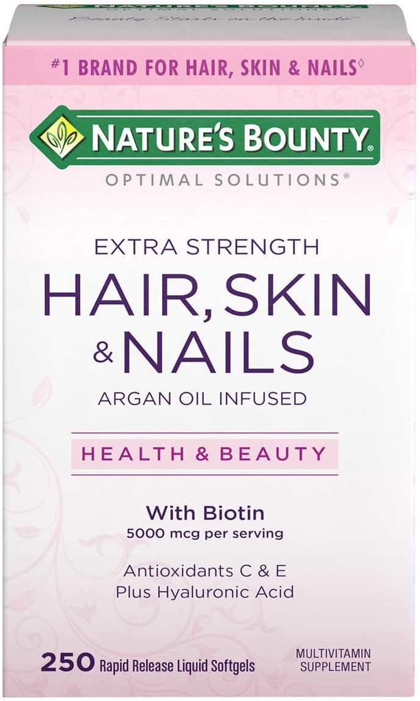 Esquí de pelo de rebote de la naturaleza y uñas 5000 mcg de biotina - 250 Tabletas caladas Regular & Extra Strength (Extra Strength, Dos botellas cada uno de 250 Softgels)