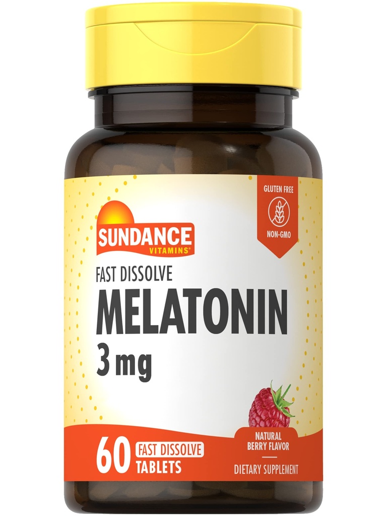 Sundance Melatonin 3mg Fast Dissolve ← 60 Tablas Vegetarianas Silencio Natural Berry Flavor ← Vegetariano, No GMO, y Gluten Suplemento Libre