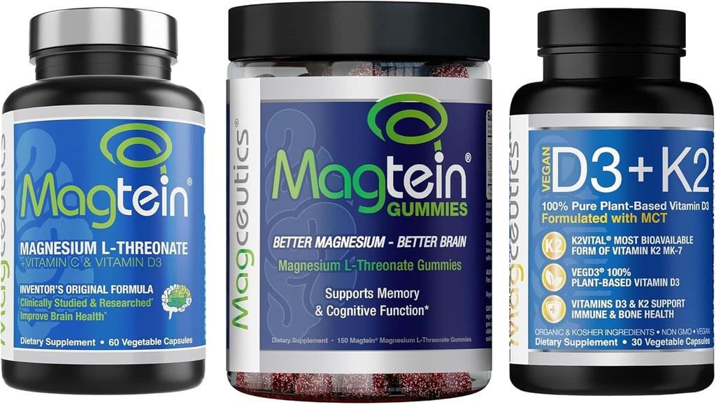 Magnesium L-Threonate 60 Capsules, Magceutics Adult Gummies 150 Conde, Vitamina D3 K2 30 Capsules - Bundle