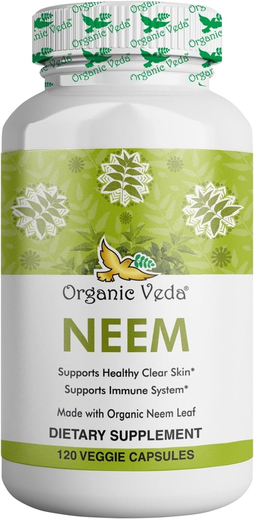 Veda orgánica Neem Capsules, 1000 mg - Suplemento Herbal Orgánica Hecho con Powder de hoja ayurvédica India Neem - Soporta la piel radiante, inmune, detox, saludable respuesta inflamatoria - 120 cápsulas vegetales
