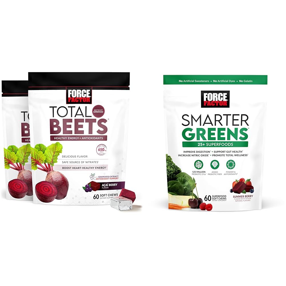 Factor de fuerza Hojas suaves con escarabajos, extracto de grasa, antioxidantes, nitratos, L-Citrulline, 120 Conde, 2-Pack y verdes más inteligentes Superalimentos con 25+ Superalimentos, Probióticos, Antioxidantes y fibra, 60 Con