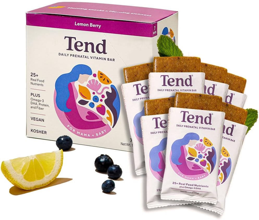 Tend Daily Best Prenatal Vitamin Bar, Made with Organic Ingredients for Pregnant & Postpartum Mothers, Incluye DHA, Vitamina D, B, Choline, Folate - Lemon Berry (7ct)