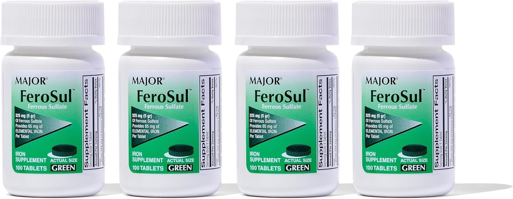 Mayor Ferosul - Sulfato ferroso 325mg Tablas con 65 mg de hierro elemental - Suplemento de hierro para mujeres, hombres - verde - 100 Cuenta (4 Pack)