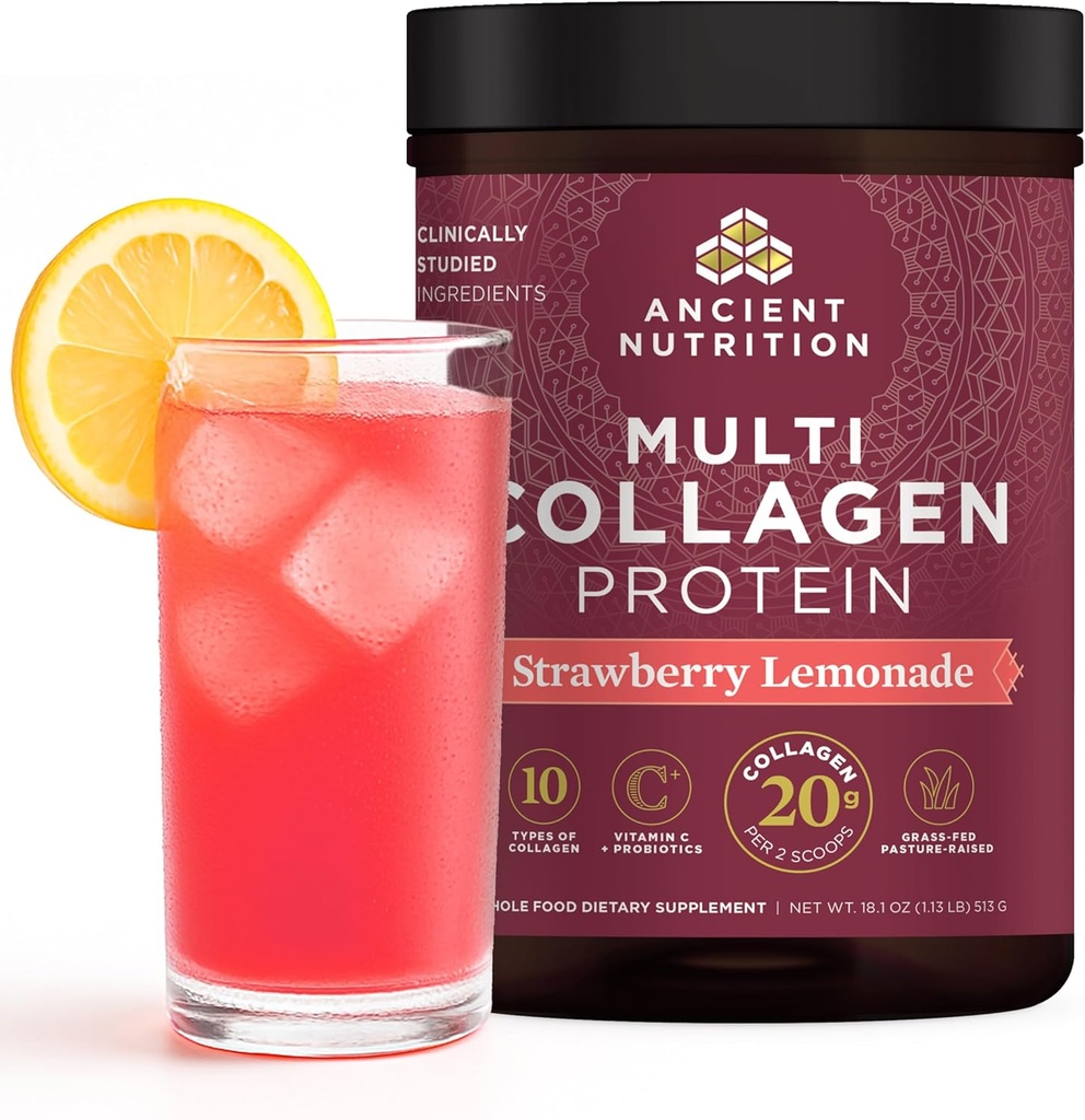 Nutrición antigua Péptidos de colágeno hidrolizado Polvo con Probióticos, Limonada de Fresa Proteína multi colágeno para Mujeres y Hombres con Vitamina C, 45 Servimientos, Esquí y uñas, Salud Gut, 18