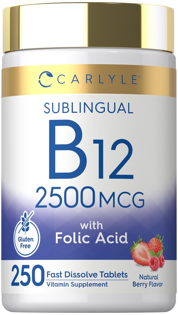 Carlyle Vitamina B12 Sublingual 2500 mcg ← 250 Tablas rápidas de disuelve Silencio Cianocobalamina Suplemento con ácido fólico para adultos Silencio Natural Berry Flavor ← Vegetariano, No GMO, y Gluten Gratis
