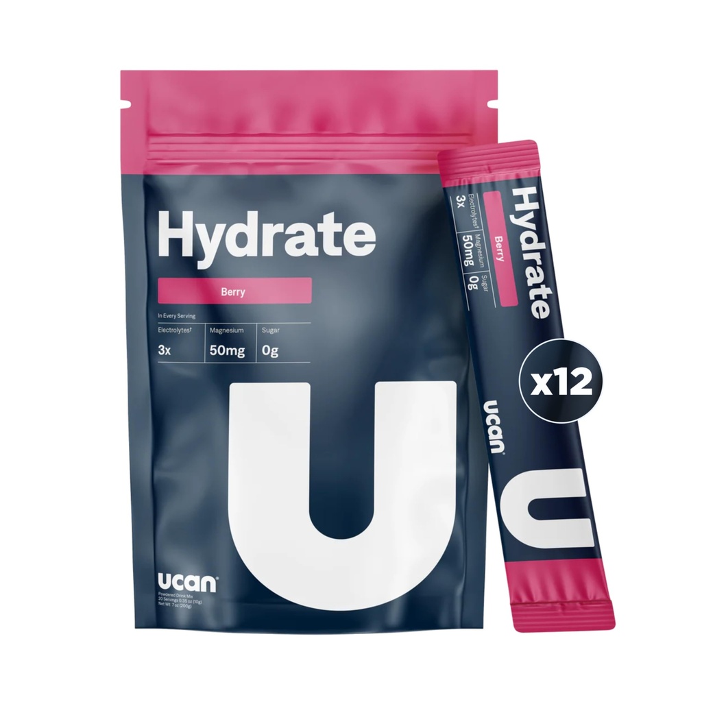 UCAN Hydrate Electrolyte Drink Mix (Berry, 12 Stickpacks) Sugar-Free, Keto-Friendly, Vegan, Non-GMO, Gluten-Free Electrolyte Powder with Potassium &amp; Magnesium for Runners & Athletes