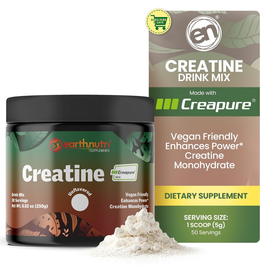 EarthNutri Creatine Monohydrate Powder - Pura Creatina Suplemento para la fuerza muscular, fuerza y rendimiento – No GMO, libre de azúcar, libre de aditivos – para hombres &amp; mujeres, 250g de sabor