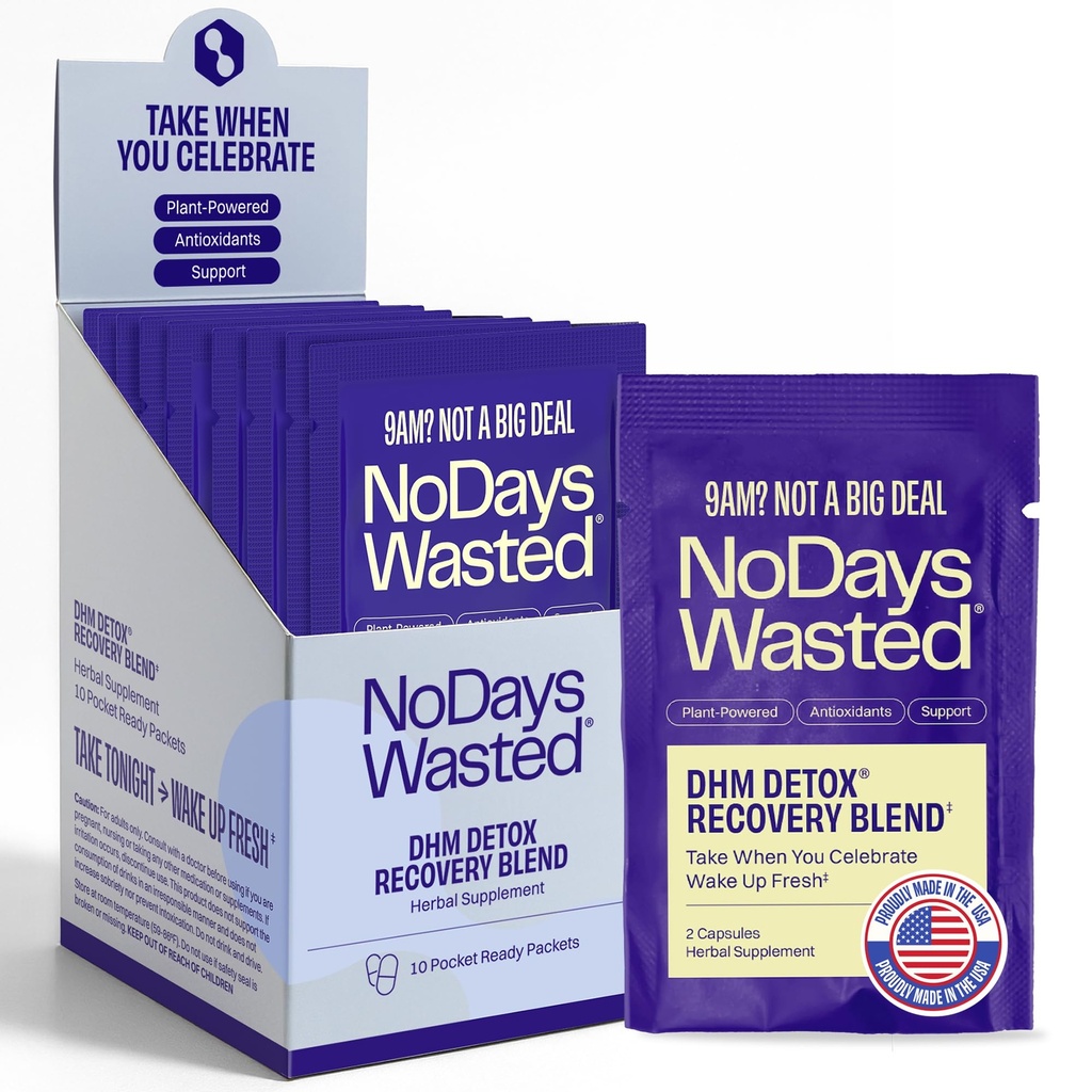 DHM Detox® - No Days Wasted® - Nuevo look - Suplemento de Dihidromyricetina, Esteto de leche, Prickly Pear, vitaminas B, electrolitos de hidratación Blend-Take durante la noche para mejor próximo día y recuperación