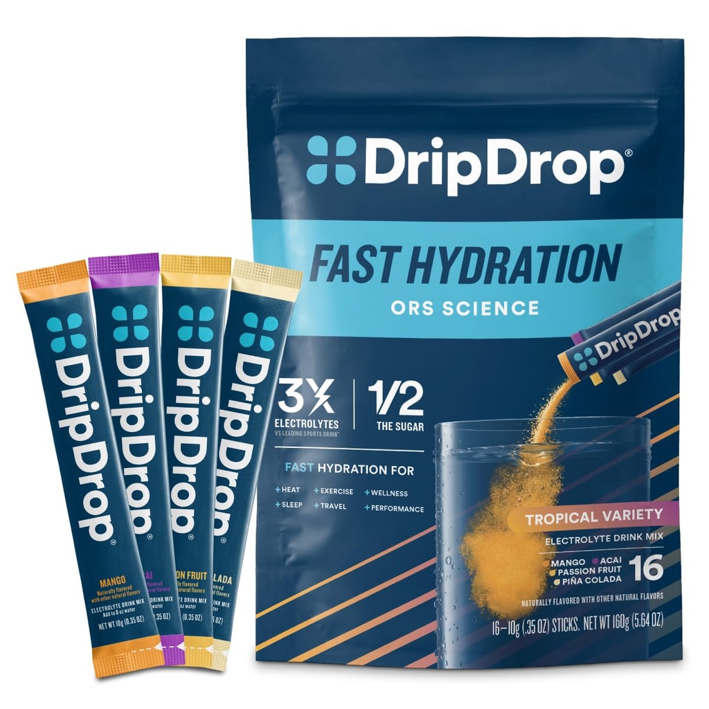 DripDrop Hydration Packets - Empaquetado de Variedad Tropical - Electrolitos de Servición Única Powder Drink Mix - Mango, Açaí, Fruta de Pasión, Piña Colada - Sin Gluten, Vegan - 16 Sticks