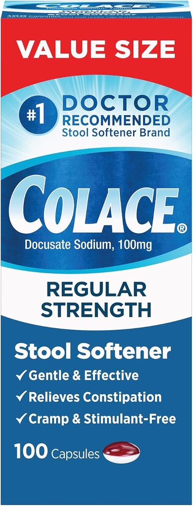 Colace Softener de Strength Regular 100 mg Capsules 100 Conde Docusate Sodium Stimulant-Free for Gentle, Dependable Occasional Constipation Relief