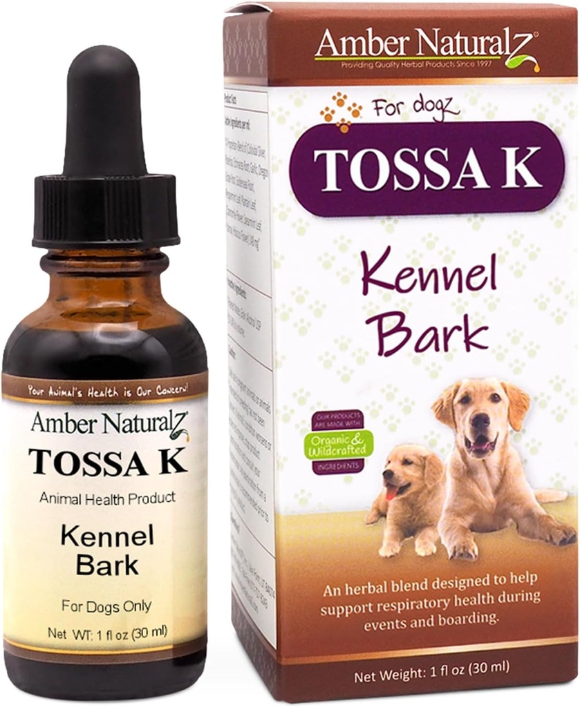 Amber NaturalZ Tossa K Kennel Bark Herbal Suplementos para perros y cachorros ← Canine Herbal Blend for Respiratory Health ← 1 Fluid Ounce Glass Bottle ← Ingredientes de origen mundial ← Made in the USA