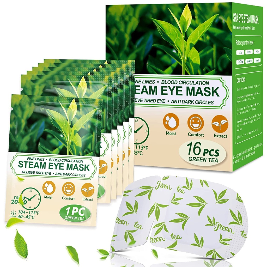 16 Packs Máscaras de ojos de vapor para ojos secos, Máscara de ojos calientes de té verde, fatiga de ojos suaves, compresión de calefacción húmeda para ojos, Máscara de ojos autocalentados, Esenciales de viaje desechables y conjuntos de relajación