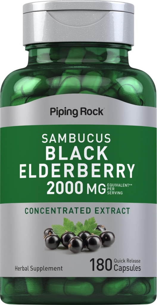 Piping Rock Elderberry Capsules  2000 mg ← 180 Pills ← Sambucus Herbal Extract Supplement ← Concentrated Extract ← Non-GMO, Gluten Free