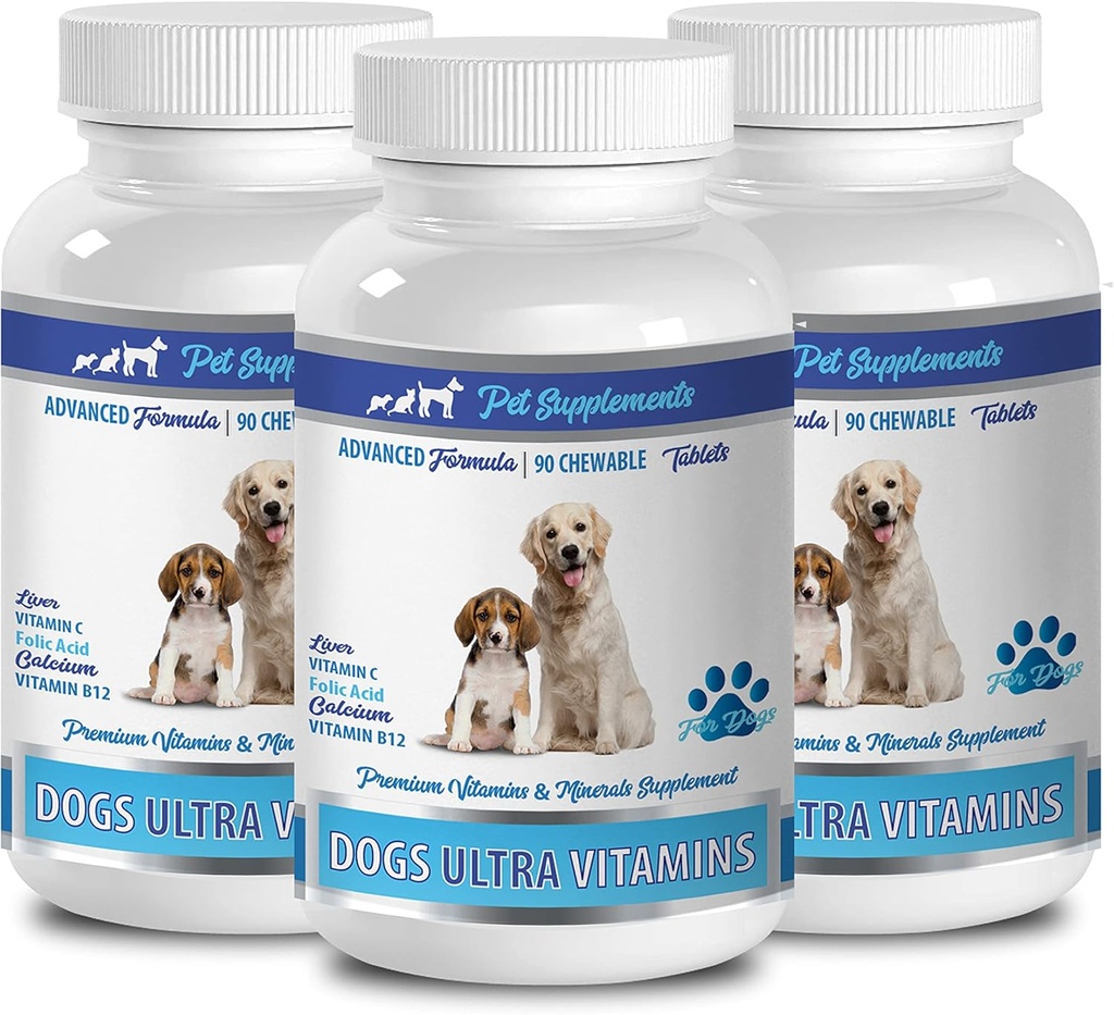 Suplementos del constructor del músculo del perro - Ultra vitaminas para perros - Chews - Fórmula potente - Complejo mineral - Cervezas de calcio del perro - 270 Treats (3 botellas)