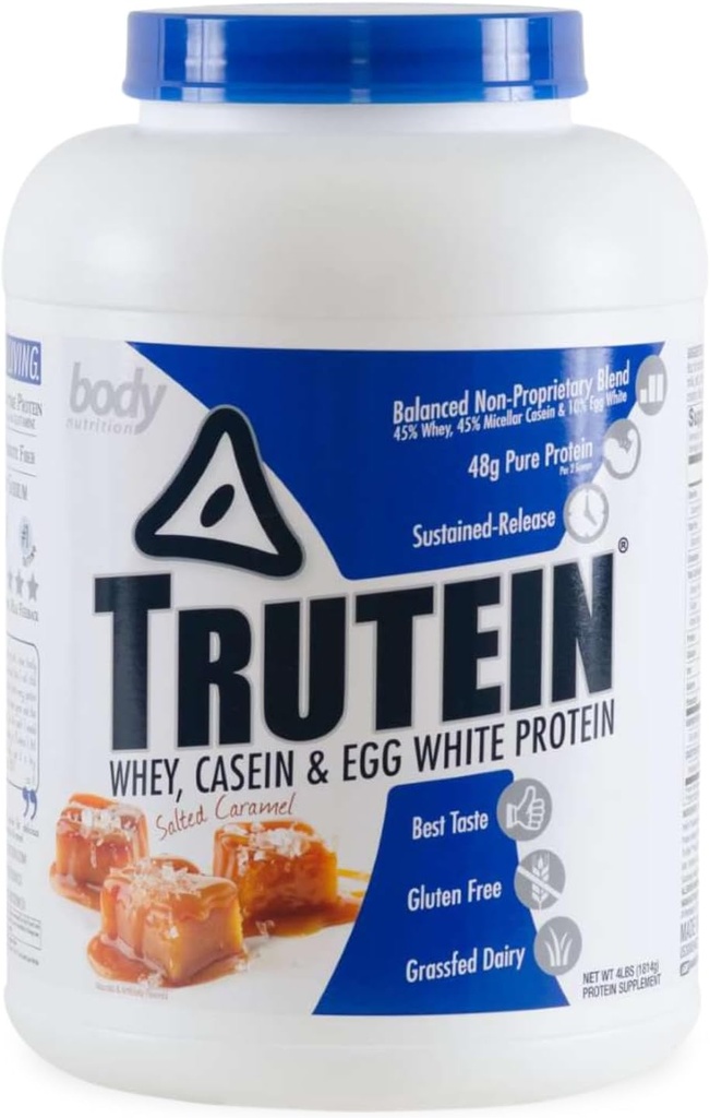 Nutrición corporal Trutein High Protein Powder: 45% Whey, 45% Casein, 10% Egg White, Gluten-Free, Low Sodium, Grass Fed Whey Protein Powder, Gym Suplemento &amp; Breakfast Shake, Salted Caramel, 4lb