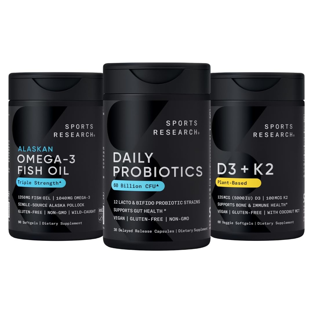 Sports Research Wild Alaskan Pollock Omega 3 Fish Oil 90 Softgels (1250 mg) + Vegan Probiotics with Prebiotics, 60 Billion CFU (30 Softgels) + 5000 IU Vitamina D + 100mcg Mk7 Vitamin K (60 Softgels)
