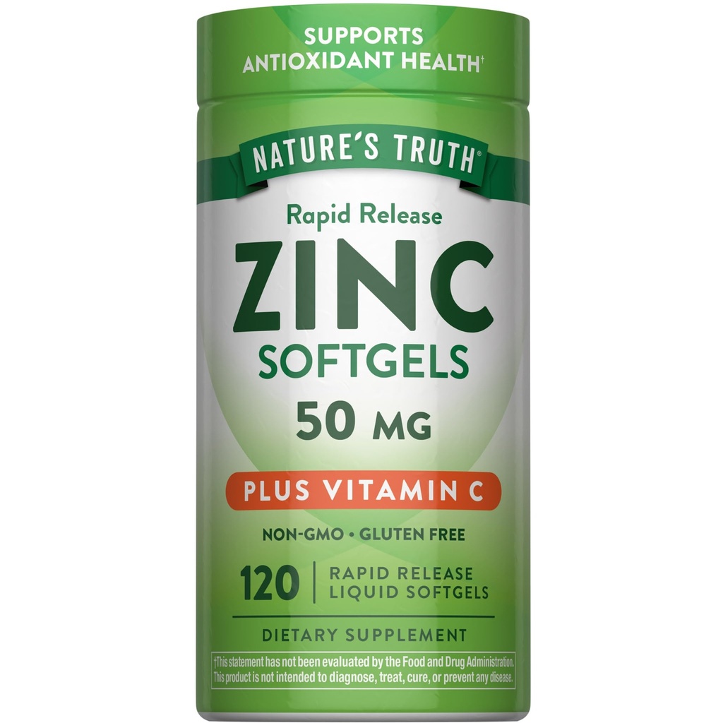 La verdad de la naturaleza Zinc con vitamina C Silencioso 50mg Silencio 120 Softgels Silencio No GMO &amp; Gluten Suplemento gratuito