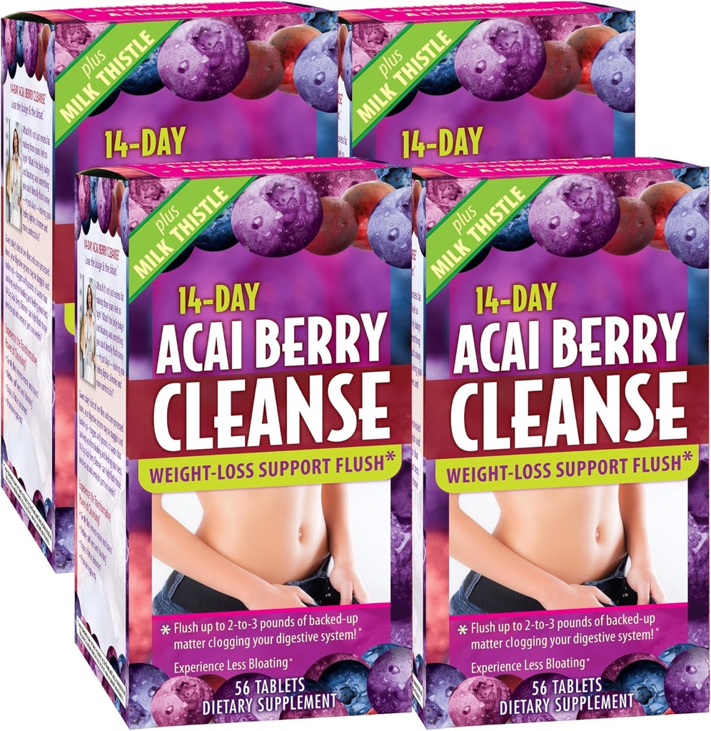 Nutrición aplicada 14 días Acai Berry Cleanse - 56 Tablets, Pack of 4 - Weight-Loss Support Flush + Milk Thistle - 112 Total Servings