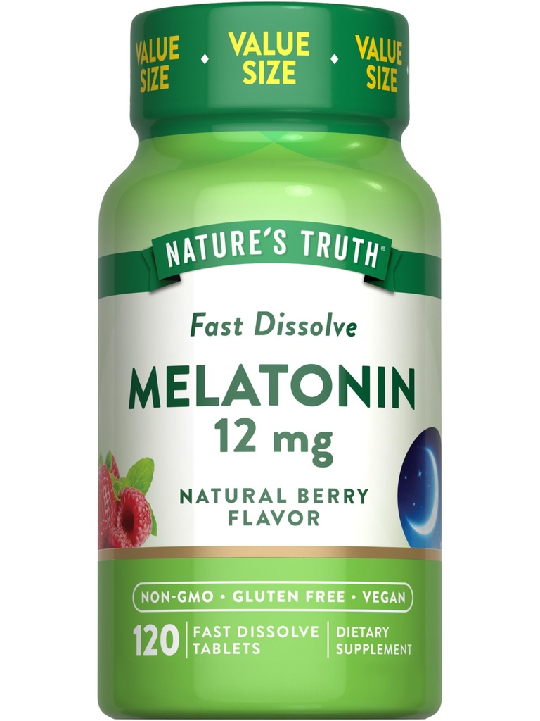 La verdad de la naturaleza Melatonin Tablets TEN 12mg ANTE 120 Conde Silencio Natural Berry Flavor ← Fast Dissolve ANTE Vegan, Non-GMO & Gluten Free Supplement