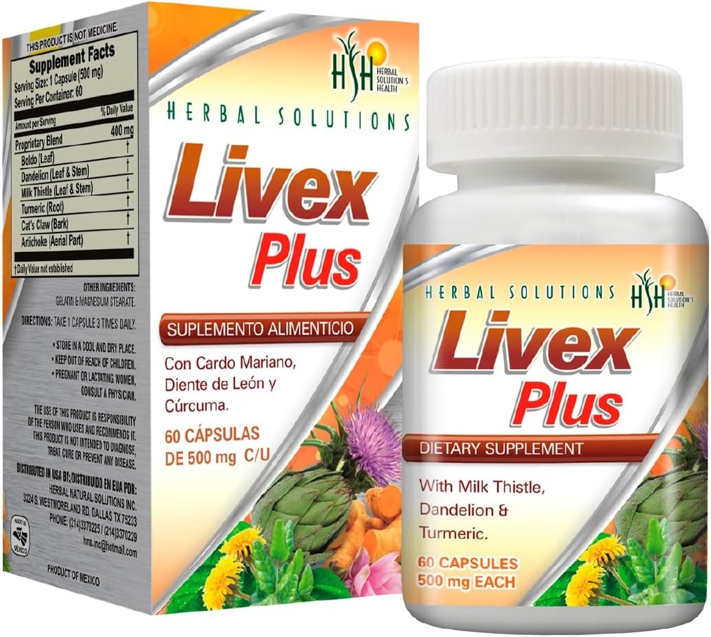 Herbal Solutions Livex Plus Suplemento Natural para la lisa del hígado. Ayuda a mejorar un hígado desintoxicación y salud digestiva.
