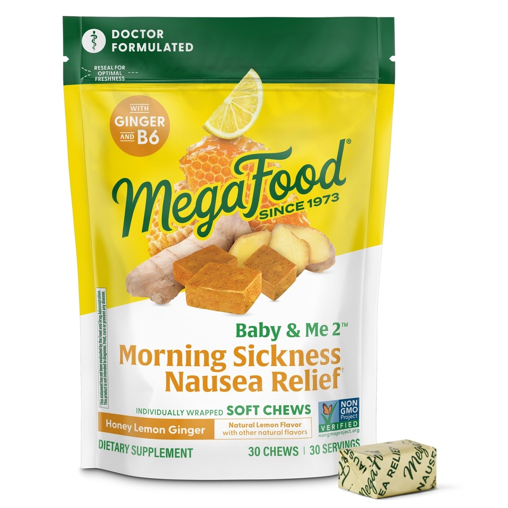MegaFood Baby &amp; Me Prenatal Morning Sickness Relief, Ginger Chews, with Vitamin B6, Made Without 9 Food Allergens, Honey Lemon Ginger Flavor, 30 Chews
