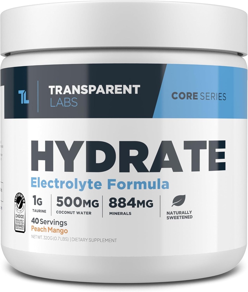 Laboratorios Transparentes Hidrata Electrolitos Naturalmente Endulzados Polvo - Electrolitos de Polvo Hidratación con Agua de Coco, Calcio, Taurina, Potasio - 40 Servimientos, Mango de Peach