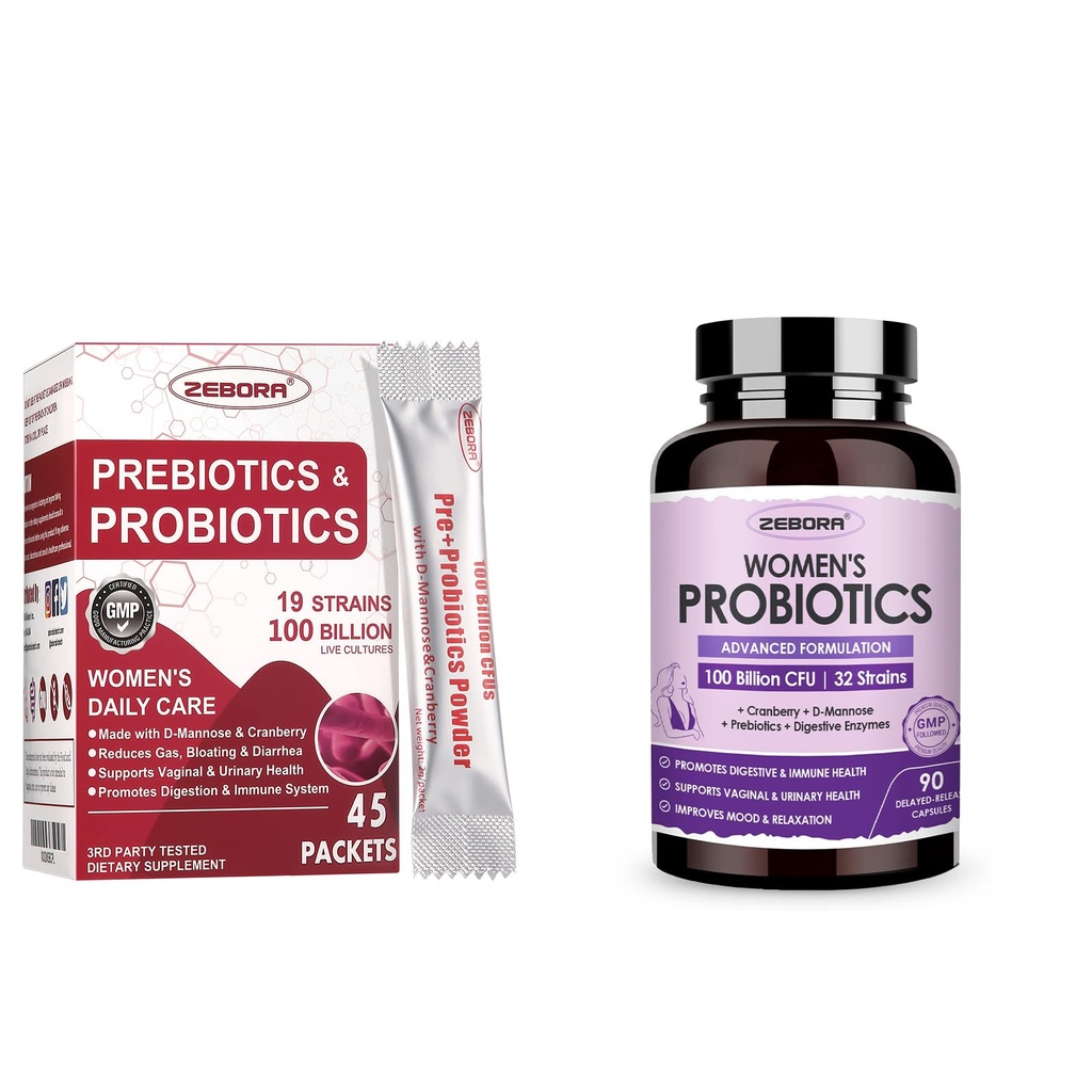 ZEBORA Probiotics-for-Women 100-Billion-CFUs with Prebiotics, D-Mannose " Cranberry for Digestive, Immune, Feminine UT Health Support, Ultimate Probiotic Women's Care, Soy " Gluten Free, 45 Packets