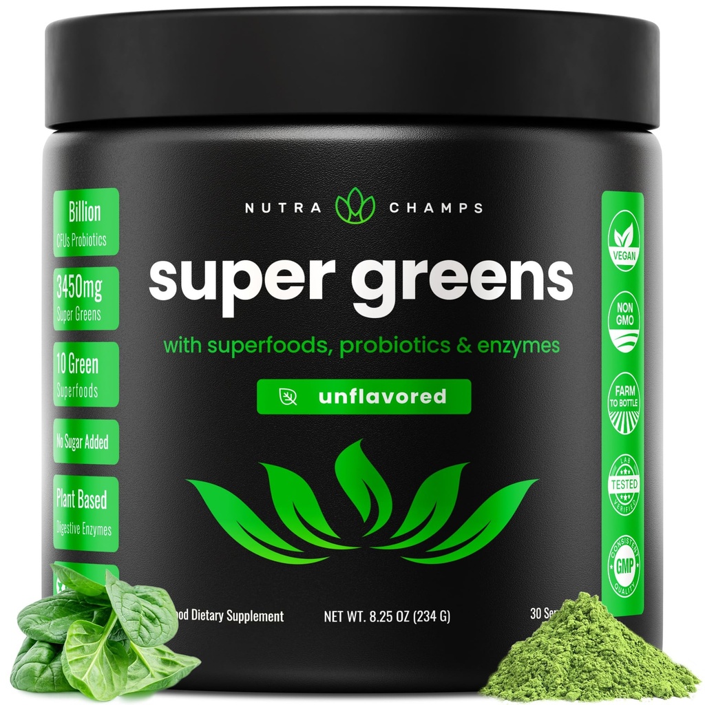 NutraChamps Super Greens Powder Premium Superfood ← 20+ Organic Green Veggie Whole Foods ¦ Wheat Grass, Spirulina, Chlorella ANTE Antioxidante, Enzyme Digestivo &amp; Blends Probióticos (9.0 Oz, Desflavorado)