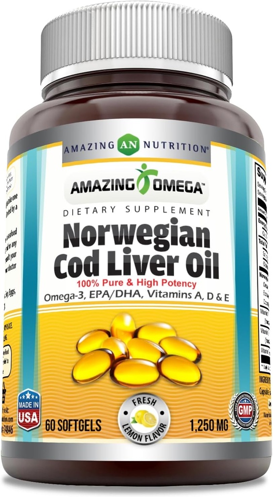 Increíble Omega Norwegian Cod Liver Oil 1250 Mg Softgels Suplemento ← Omega-3, EPA, DHA, Vitamina A, Vitamina D & Vitamina E (Límón Silencioso 60 Cuenta)