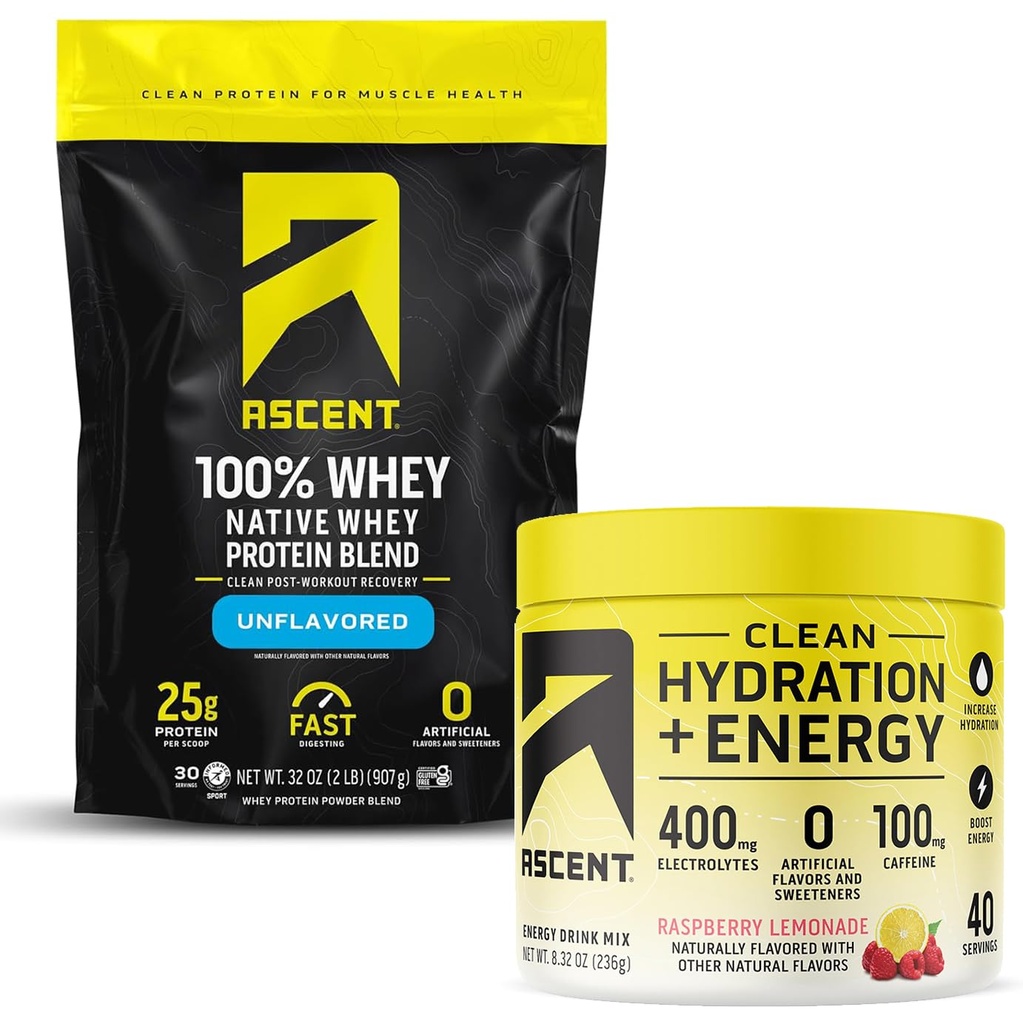 Ascenso 100% Whey Protein Powder, Desflavorado 2 lb & hidratación + electrolitos de energía, Raspberry Lemonade 40 Servimientos
