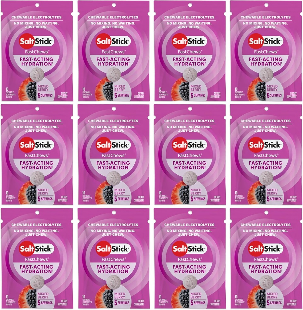 SaltStick Electrolyte FastChews - 120 Cuenta mezclado Berry Flavor - Tablas electrolíticas para Hidratación, Tapas de Sal - 10 Cuenta (Pack de 12)