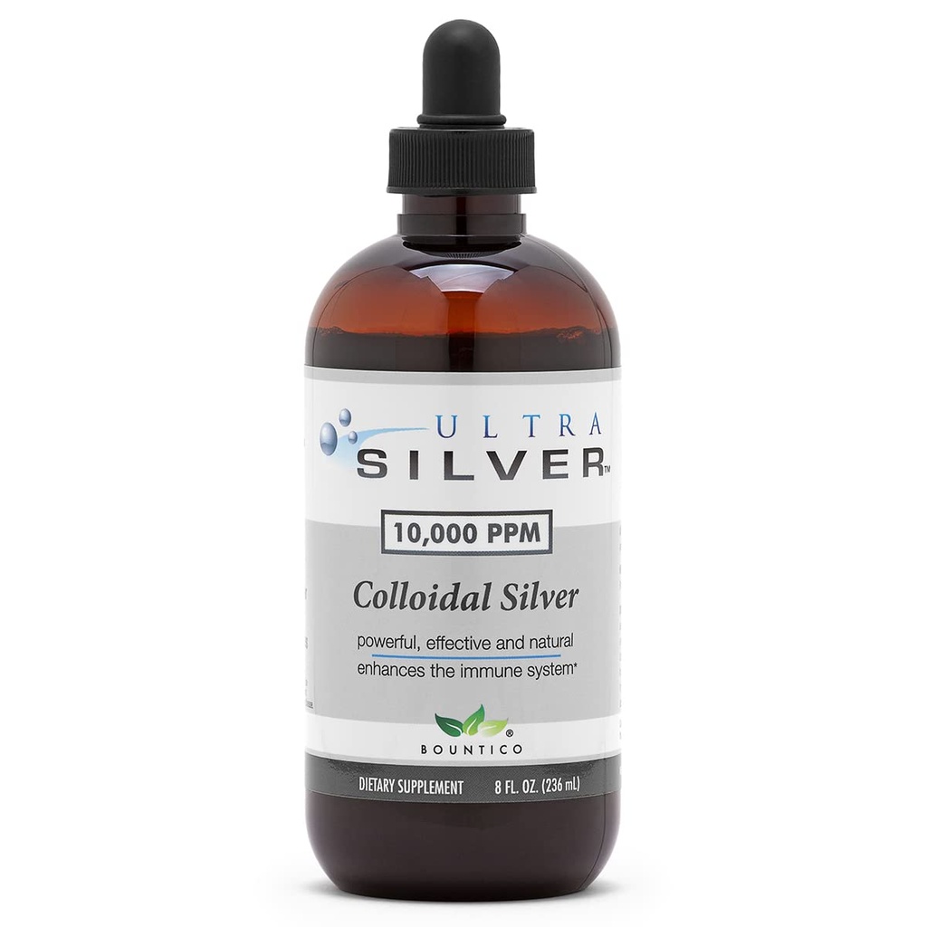 Ultra Silver® Colloidal Silver TENIDO 10,000 PPM, 8 Oz (236mL) TENIDO Se envía como (2) 4 botellas de vidrio onzas TENIDO Suplemento Mineral TEN True Colloidal Silver - con Dropper