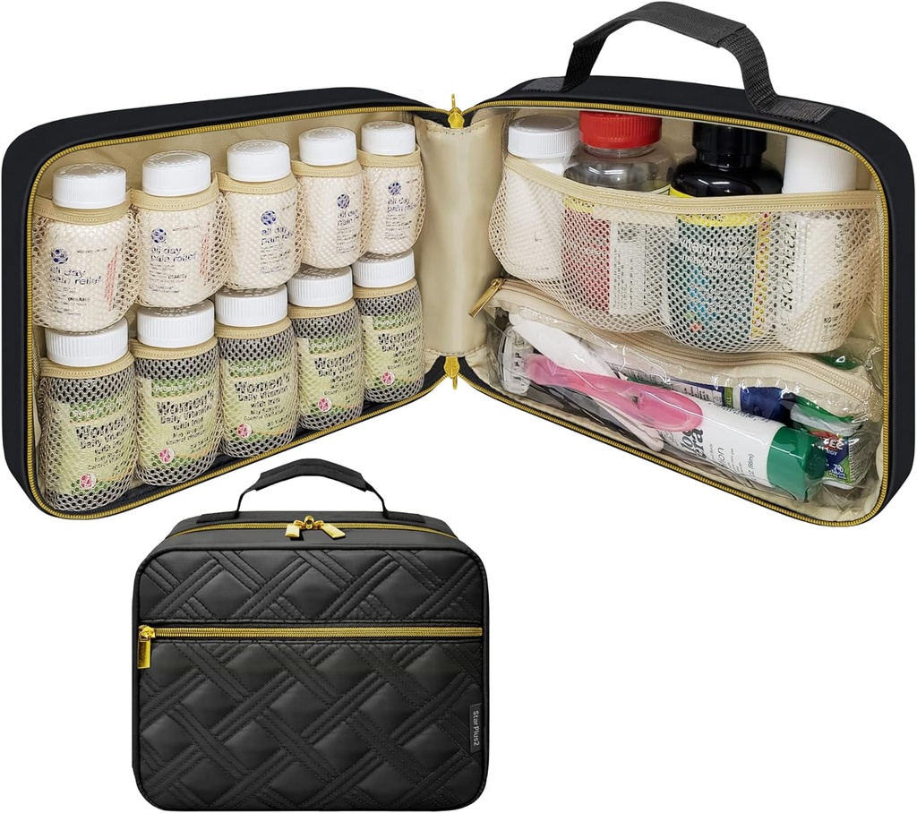 Organizador de botellas de gran tamaño, bolsa de medicina, caja, portador de medicamentos, vitaminas y suministros médicos - Organizador de medicina de viaje y bolsa de memoria de almacenamiento casero - Negro (sin bloqueo)
