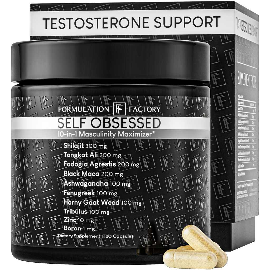 Formulation Factory Self Obsessed Masculine Vitality & Testosterone Support - 10-in-1 Complex with Shilajit, Tongkat Ali, & Fadogia Agrestis - 120 Capsules, 2 Month Supply