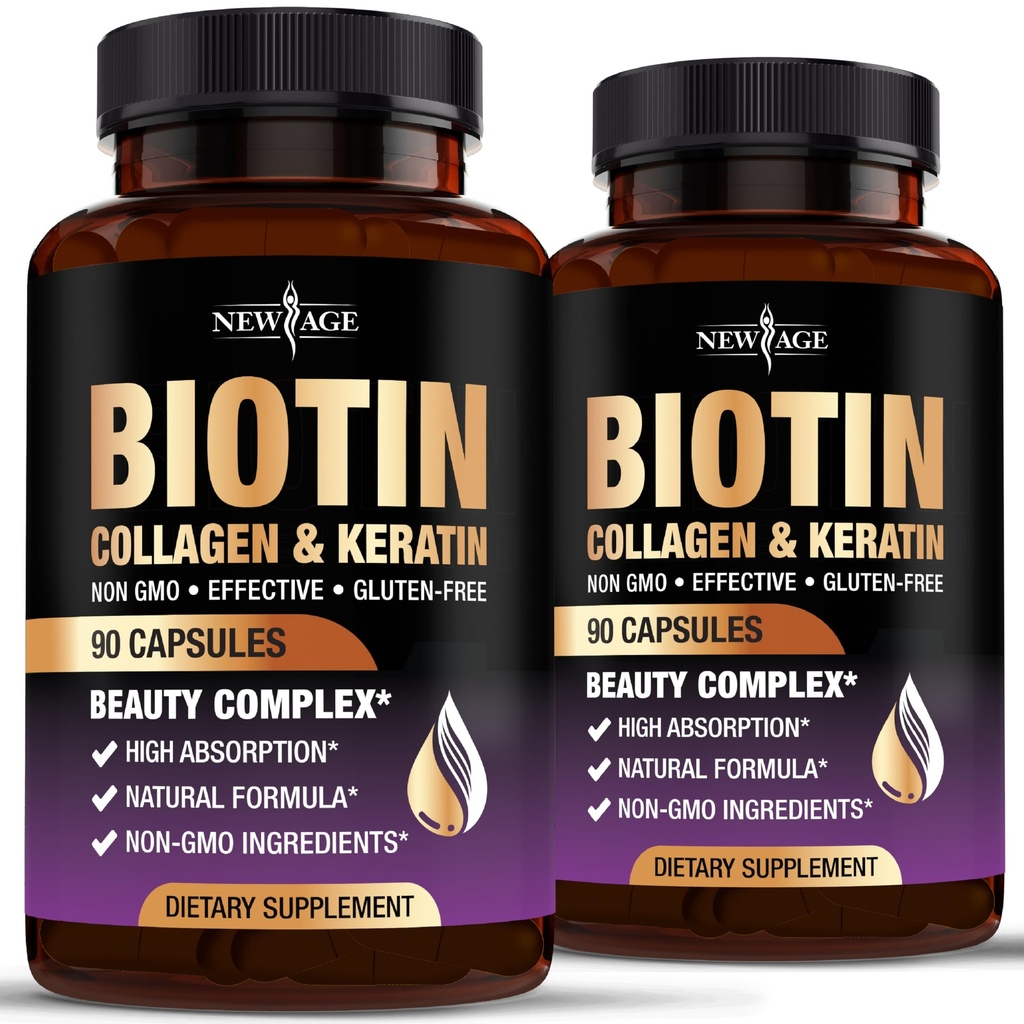 NUEVO AGE Biotina Collagen Keratina Ácido Hialurónico - 50.000 mg Crecimiento del cabello Vitaminas para Hombres y Mujeres, uñas, cabello, vitaminas de la piel y DHT Bloqueador con vitamina E Folic Acid Pumpkin Seed MSM- 180 Con