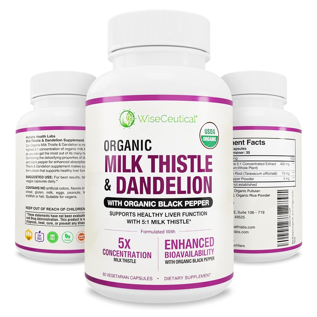 Max Absorption USDA Organic Milk Thistle Potent 5:1 Concentrated Extract (2000mg Strength) & Organic Dandelion Root ← Silymarin Antioxidant Flavonoid ← Liver Support Supplement (60 Count (Pack of 1))