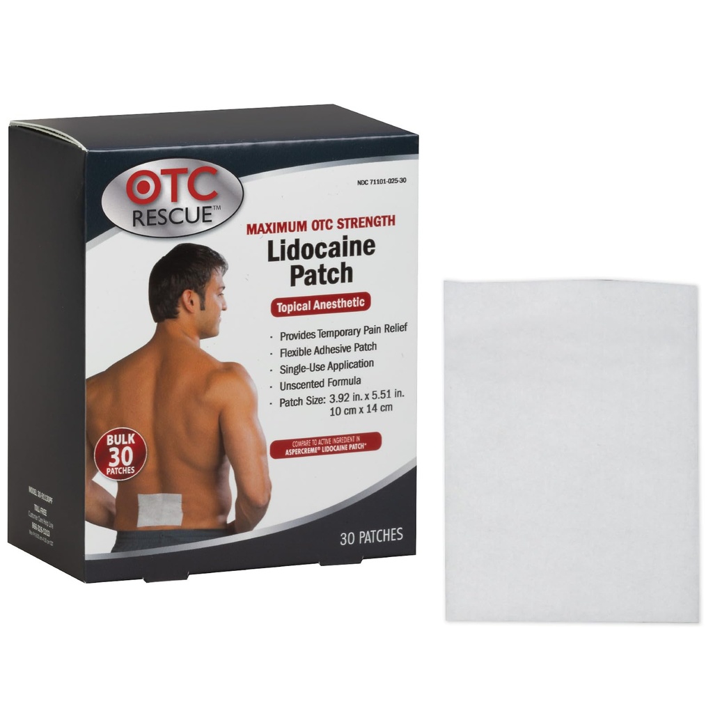 4% Lidocaine Pain Relief Patch ← Maximum OTC Strength TEN 30-Count TEN 3,93” x 5,51” ANTE Soothes Minor Aches and Pains ← Odor Free TEN Topical Anesthetic TEN Easy to Apply Flexible Adhesive