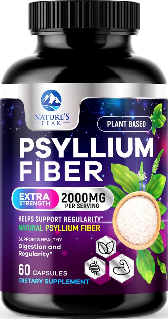 Psyllium Husk Suplemento de fibra 1500mg - Prebiótico vegano, fibra soluble para la salud digestiva diaria y soporte de regularidad, cápsulas de polvo de platillo natural, libre de azúcar, libre de gluten - 60 cápsulas