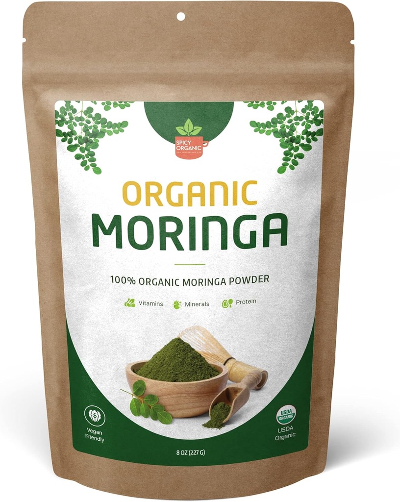 Orgánica Moringa Leaf Powder – USDA Certified Green Superfood  sometida Natural Energy & Immune Support – Vegan, Non-GMO, Gluten-Free – Pura Moringa Raw para Smoothies, Teas, Cooking – 8oz Bolsa sellable