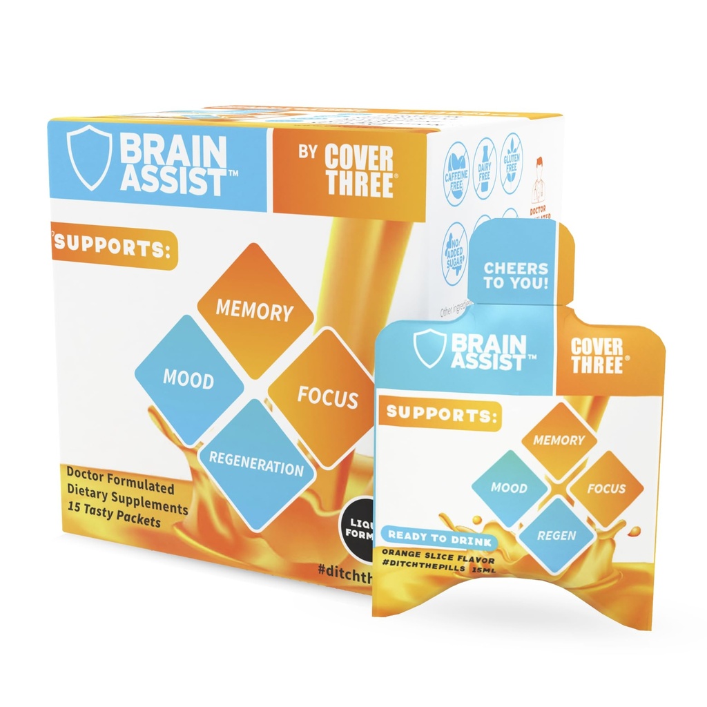Cubrir tres suplementos cerebrales de ayuda cerebral, suplemento de enfoque nutricional con la curia, Uridine, Orange Slice líquido de apoyo cerebral Fórmula, Suplementos de memoria de alto rendimiento