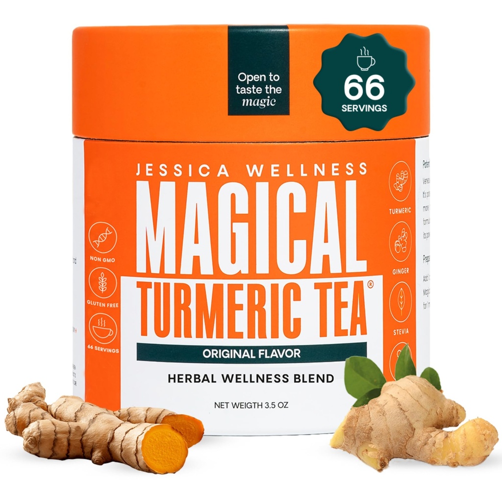 JESSICA WELLNESS Magical Turmeric Tea with Ginger, Black Pepper and Stevia ¦ Turmeric Powder Organic Blend ← 3.5 oz (Original Flavor)