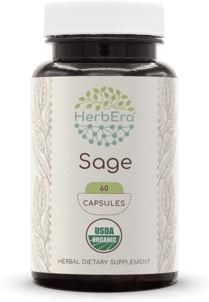 HerbEra Sage 60 cápsulas, 500 mg, USDA Organic Sage (Salvia officinalis) Leaf seco (60 cápsulas)