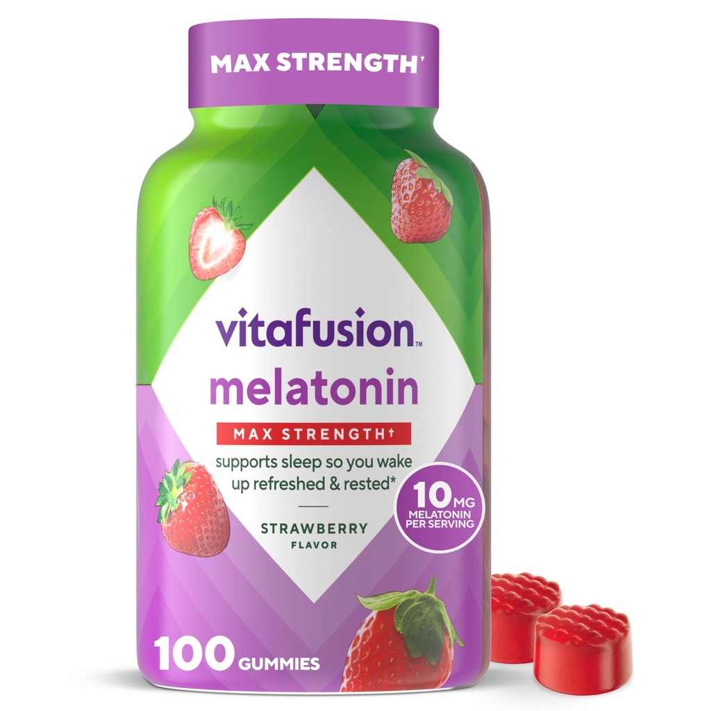 vitafusion Max Strength 10 mg Melatonin Gummies, Strawberry Flavored, Adult Melatonin Gummy Vitamin Supplement, 100 Conde, 50 Day Supply