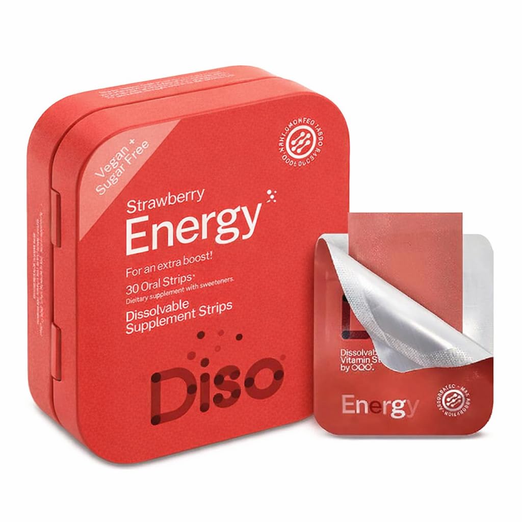 DISO - Energía - Fajas de cafeína rápidas con vitaminas, sabor a fresa, Vegan, Sugar Gratis, Absorción alta, Gluten Gratis, Moda individual, 30 Fajas disoluvables