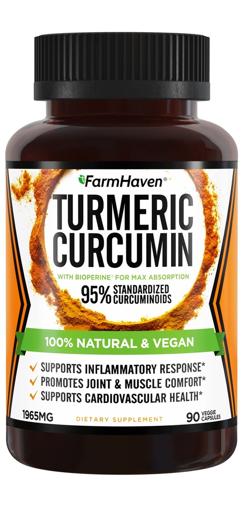 Curcumina Turmérica con BioPerine Black Pepper & 95% Curcuminoids, 1965mg, Absorción Máxima para Soporte Conjunto, Capsules Turméricos no GMO, Made in USA - 90 Veg Caps