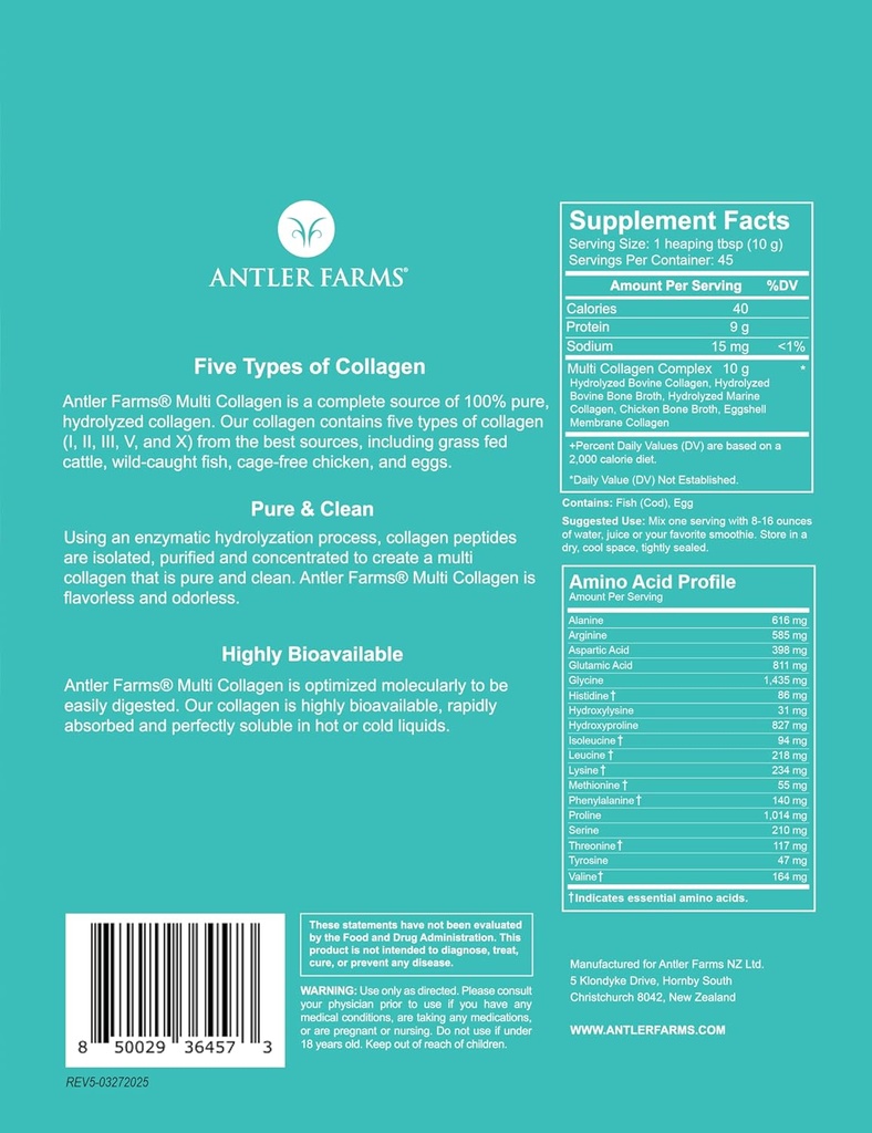 Antler Farms - Multi Collagen Protein Powder - 5 Tipos (I, II, III, V y X) 100% Péptidos de Collagen Hidrolyzed puros para Hombres y Mujeres - Bioavailable, rápida Aborción - Desflavorado - 1 lb