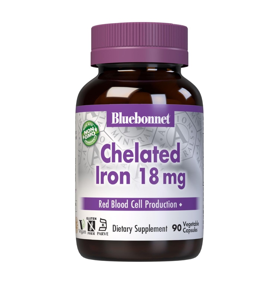 Bluebonnet Nutrition Chelated Iron 18 mg - non-constipating Iron - Soy-Free, Gluten-Free, Non-GMO, Kosher Certified, Dairy-Free, Vegan - 90 Vegetable Capsules, 90 Serviciones