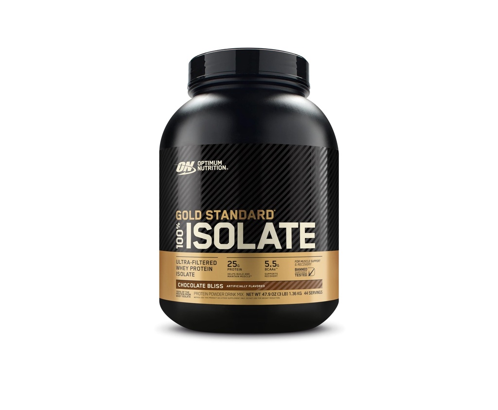 Optimum Nutrition Gold Standard 100% Isolate, Protein Powder, Chocolate Bliss, 3 libras, 44 servidos. Whey Protein Isolate (Packaging May Vary)