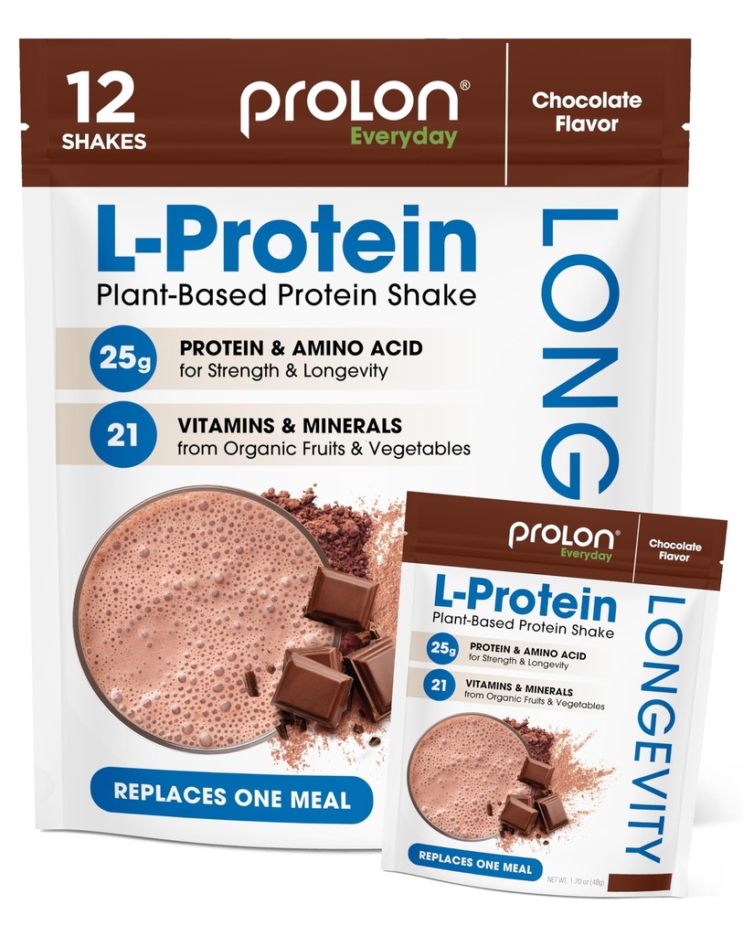 Prolon Longevity Plant Based Protein Powder ← Muscle Synthesis " Repair, Healthy Aging, Boost Performance ← Vitaminas, Gluten Free, Amino Acids, Antioxidantes  25g of Protein  durable Chocolate, 12 Packets